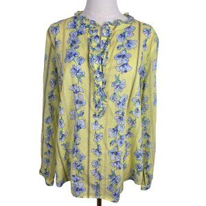 Talbots Blouse Petite LP Cotton Feminine Skipping Floral Popover Yellow Blue LS